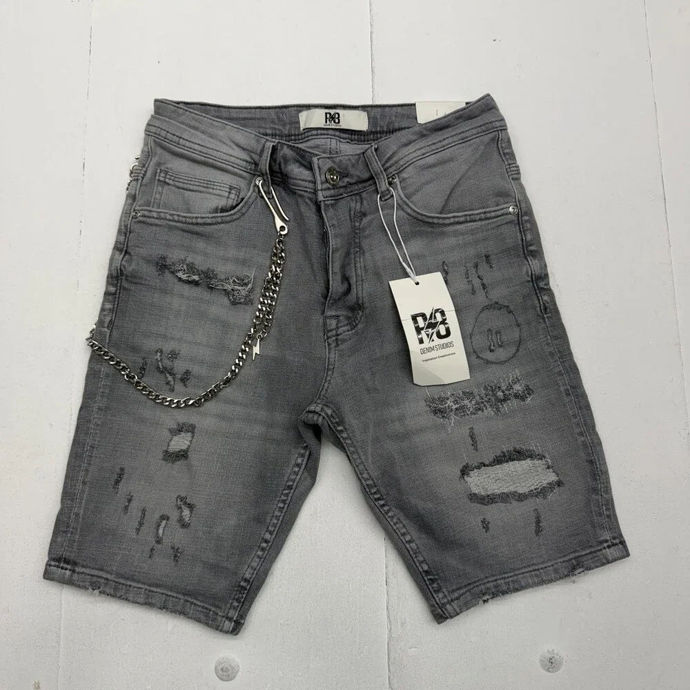 R8 Denim Studios Denim Shorts Mens 30 Gray Distressed Chain Bermuda 9 Inseam